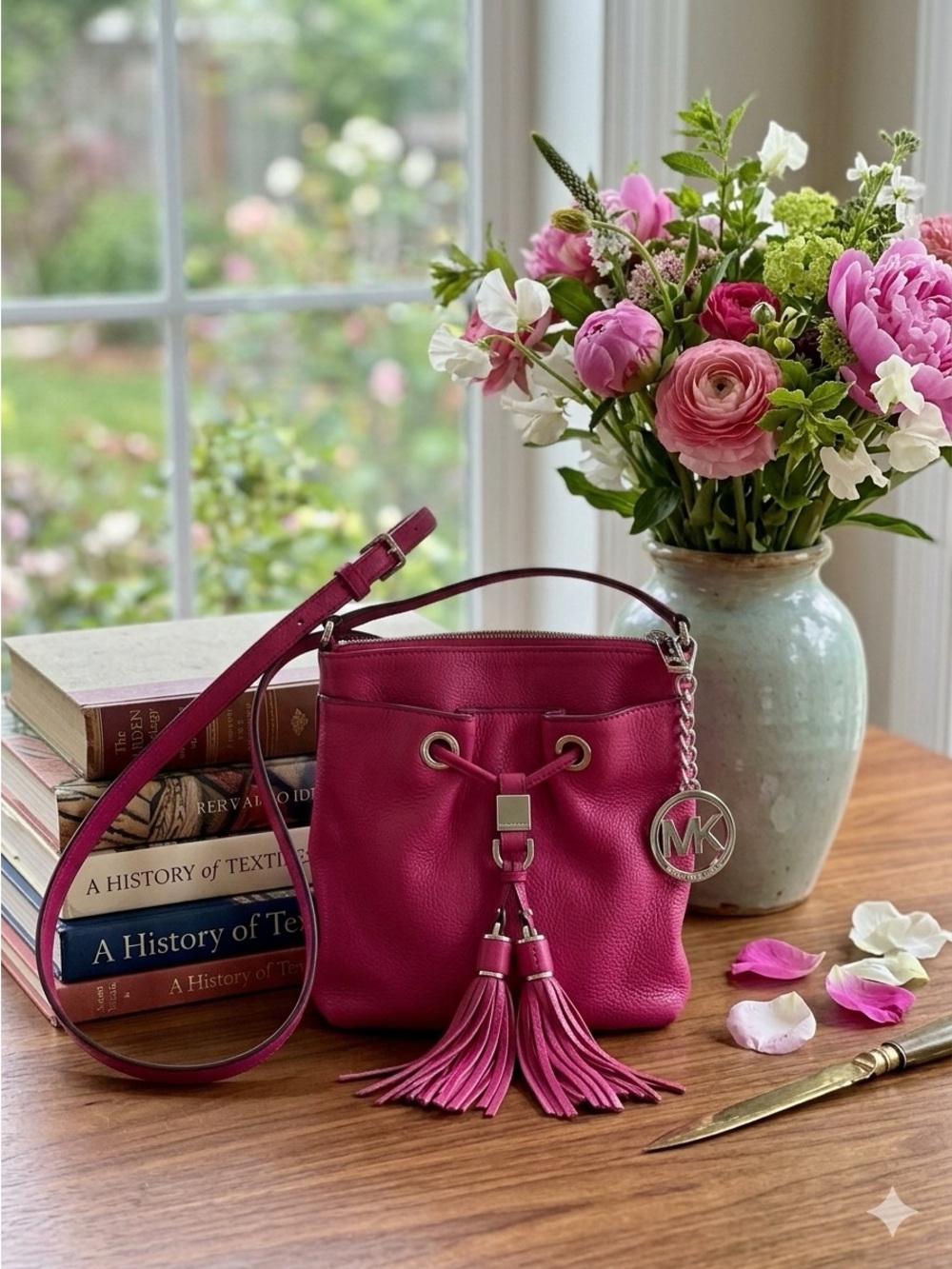 Michael Kors Bedford Pink Pebbled Leather Crossbody with Tassel